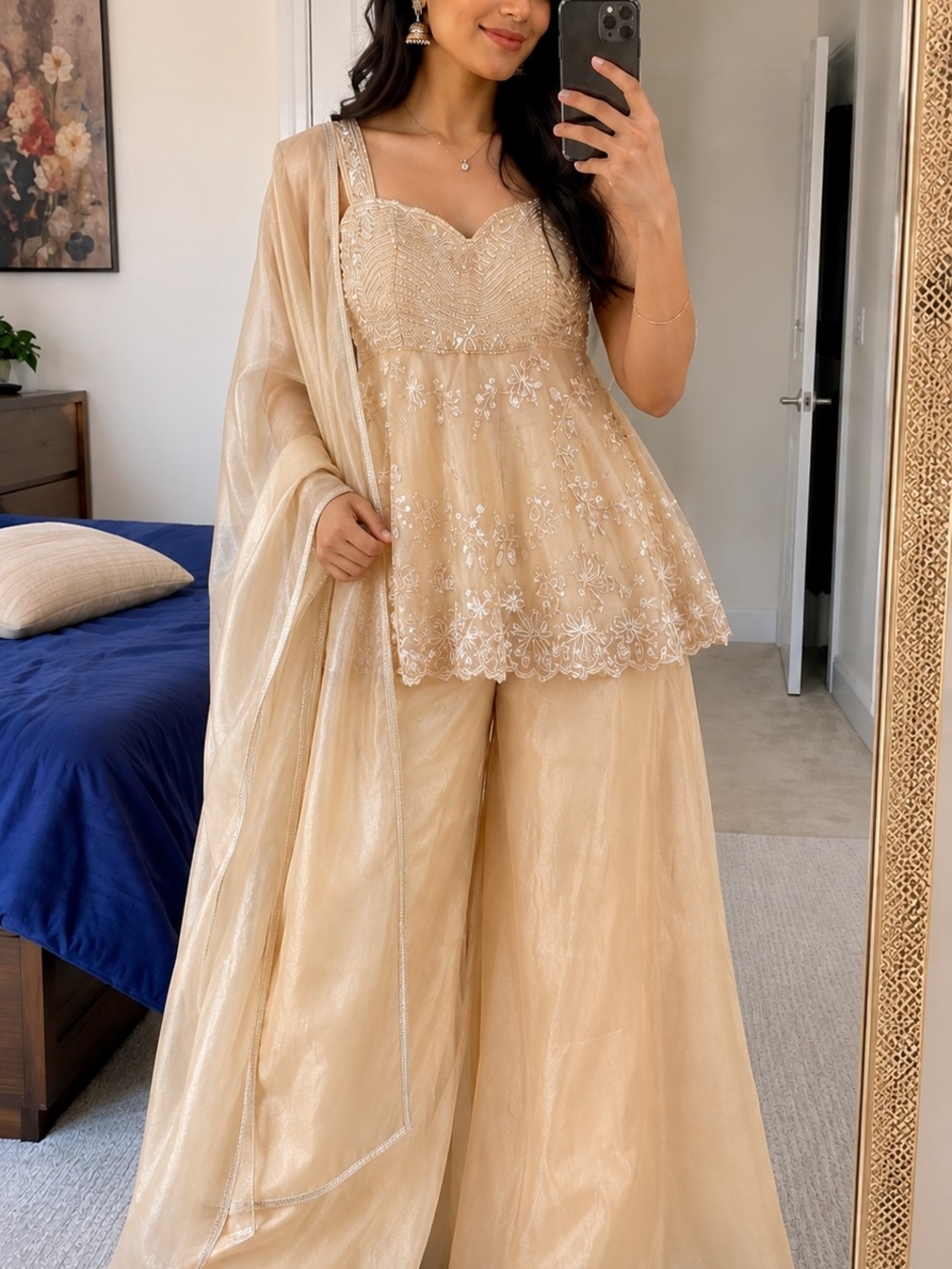 Elegant Women’s Cream Embroidered Sleeveless Top & Palazzo Set